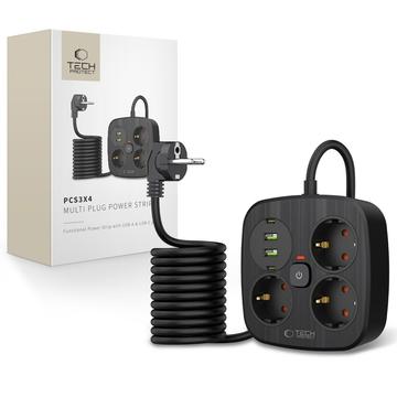 Tech-Protect PCS3X4 Stikdåse - 3 AC-udtag, 2 USB-A- og 2 USB-C-porte, 2m kabel