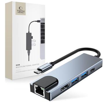 Tech-Protect V3 5-i-1 USB-C Hub - HDMI, Gigabit-LAN, USB 3.0/2.0, 100W USB-C - Grå