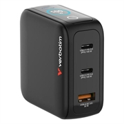 Verbatim 3-ports mini GaN-vægoplader med display - 100W, EU/UK/US - sort