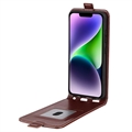 iPhone 15 Plus Vertikal Flip Taske med Kortholder - Brun