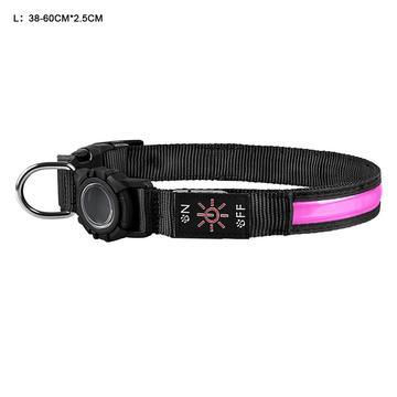 Vandtæt LED halsbånd med Apple AirTag 1/2 holder til hund - Stor 38-60cm - Pink