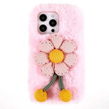 3D Plush Furry Vinter iPhone 14 Pro Max TPU Cover - Pink Blomst