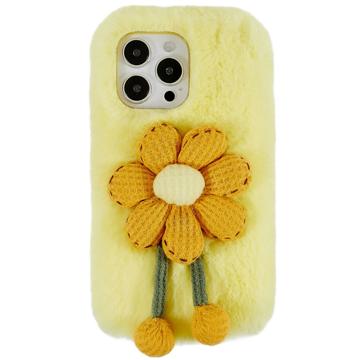 3D Plush Furry Vinter iPhone 14 Pro Max TPU Cover - Gul Blomst