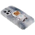 3D Plush Furry Vinter iPhone 14 Pro Max TPU Cover - Grå Bjørn