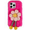 3D Plush Furry Vinter iPhone 14 Pro TPU Cover - Hot pink blomste