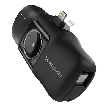 Wozinsky WF16-YLS 5000mAh Lightning Power Bank med indbygget USB-C-kabel og Apple Watch-oplader - 15W - Sort