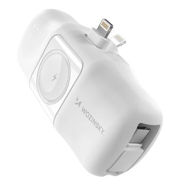 Wozinsky WF16-YLS 5000mAh Lightning Power Bank med indbygget USB-C-kabel og Apple Watch-oplader - 15W - Hvid