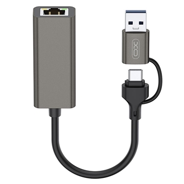 XO HUB018 2-i-1 USB-C / USB-A til Ethernet-adapter - RJ45, 100 Mbps - Grå