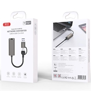XO HUB018 2-i-1 USB-C / USB-A til Ethernet-adapter - RJ45, 100 Mbps - Grå