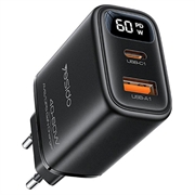 Yesido YC122 hurtigoplader med to porte, PD 60W og digitalt display - sort