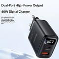 Yesido YC122 hurtigoplader med to porte, PD 60W og digitalt display - sort