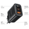 Yesido YC122 hurtigoplader med to porte, PD 60W og digitalt display - sort