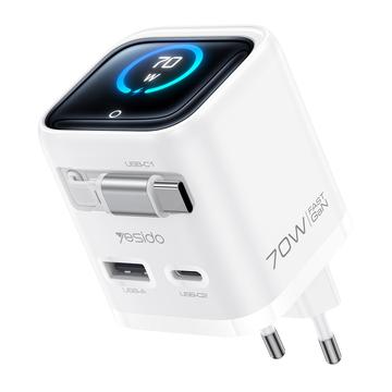 Yesido YC123 70W GaN-hurtigoplader - TFT-skærm, 2x USB-C, USB-A, 70cm USB-C-kabel - hvid