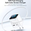Yesido YC123 70W GaN-hurtigoplader - TFT-skærm, 2x USB-C, USB-A, 70cm USB-C-kabel - hvid