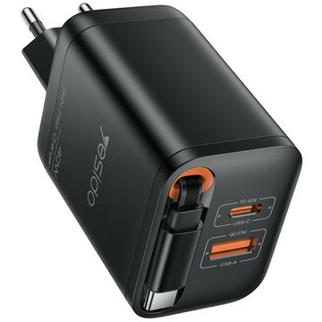 Yesido YC99 40W hurtigoplader med udtrækkeligt USB-C-kabel - sort