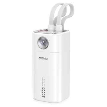 Yesido YP86 20000mAh Powerbank med indbyggede USB-C- og Lightning-kabler - 22.5W - Hvid