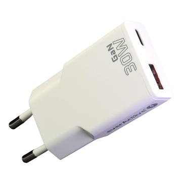 everActive SC-380Q GaN Super Slim 30W-oplader med USB QC3.0- og USB-C PD-porte - hvid