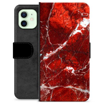 iPhone 12 Premium Flip Cover med Pung - Rød Marmor