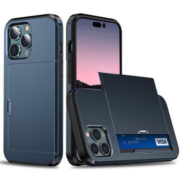 iPhone 14 Pro Hybrid Cover med Glidende Kortslot - Mørkeblå