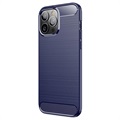 iPhone 14 Pro Max Børstet TPU Cover - Karbonfiber - Blå