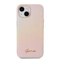 iPhone 15 Guess Iridescent Metal Script Hybrid Cover - Guld