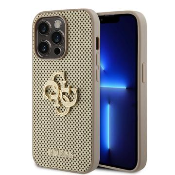 iPhone 15 Pro Guess Perforeret 4G Glitter Logo Cover - Guld