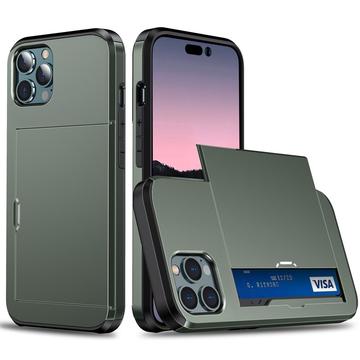 iPhone 15 Pro Hybrid Cover med Glidende Kortslot - Army Grøn