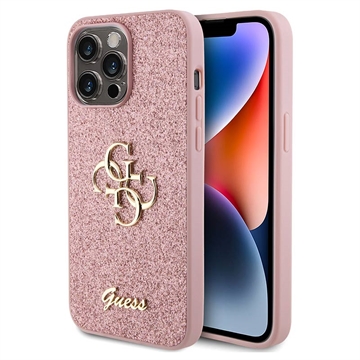 iPhone 15 Pro Max Guess Fixed Glitter 4G Metal Logo Cover - Pink