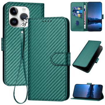 iPhone 15 Pro Max Premium Wallet-etui med rem - kulfiberstruktur - Kulstofgrøn