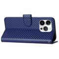 iPhone 15 Pro Premium Wallet-etui med rem - kulfiberstruktur - Kulstofblå