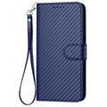 iPhone 15 Pro Premium Wallet-etui med rem - kulfiberstruktur - Kulstofblå