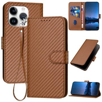 iPhone 15 Pro Premium Wallet-etui med rem - kulfiberstruktur - Kulstofkaffe