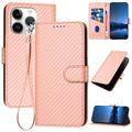 iPhone 15 Pro Premium Wallet-etui med rem - kulfiberstruktur - Kulstoflyserød