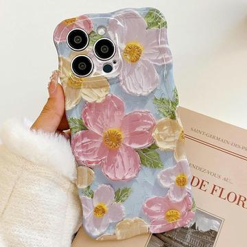 iPhone 15 Pro TPU-cover med bølgede kanter og oliemaleri - Blomster