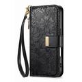 iPhone 16 Pungetui med blomster- og bladmønster med lynlåslomme og håndledsrem - Sort