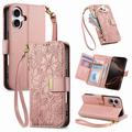 iPhone 16 Pungetui med blomster- og bladmønster med lynlåslomme og håndledsrem - Pink