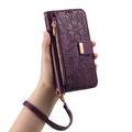 iPhone 16 Pungetui med blomster- og bladmønster med lynlåslomme og håndledsrem - Lilla