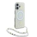 iPhone 16 Plus Guess IML Flowers Allover Electro Cover med Perlestrop - MagSafe-kompatibel - Hvid