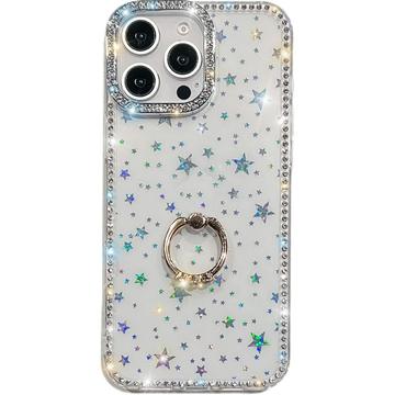 iPhone 16 Pro CrystalGlow Hybrid Cover med Ringholder - stjerner / gennemsigtig