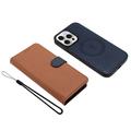 iPhone 16 Pro aftageligt pungetui med MagSafe, RFID-beskyttelse og håndrem - brun / blå