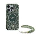 iPhone 16 Pro Guess IML Flowers Allover Electro Cover med Perlestrop - MagSafe-kompatibel - Grøn