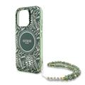 iPhone 16 Pro Guess IML Flowers Allover Electro Cover med Perlestrop - MagSafe-kompatibel - Grøn