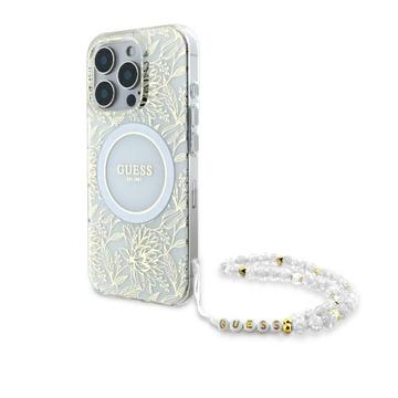 iPhone 16 Pro Guess IML Flowers Allover Electro Cover med Perlestrop - MagSafe-kompatibel - Hvid