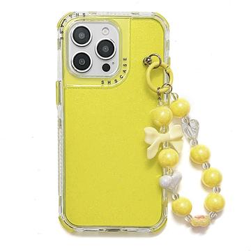 iPhone 16 Pro Max Glitter stødsikkert hybrid cover med håndledsrem - gul