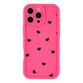 iPhone 16 Pro Max stødsikkert TPU-cover med hjertemønster og forhøjede kanter - Hot Pink