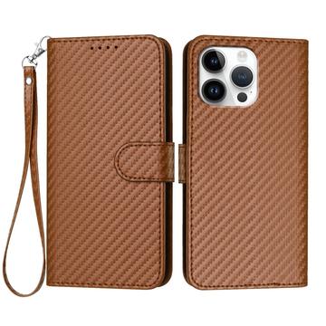 iPhone 16 Pro Max Premium Wallet-etui med rem - kulfiberstruktur - Kulstofkaffe