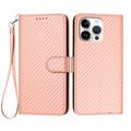 iPhone 16 Pro Max Premium Wallet-etui med rem - kulfiberstruktur - Kulstoflyserød