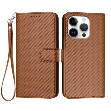 iPhone 16 Pro Premium Wallet-etui med rem - kulfiberstruktur - Kulstofkaffe