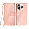 iPhone 16 Pro Premium Wallet-etui med rem - kulfiberstruktur - Kulstoflyserød