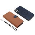 iPhone 17 aftageligt pungetui med MagSafe, RFID-beskyttelse og håndrem - brun / blå